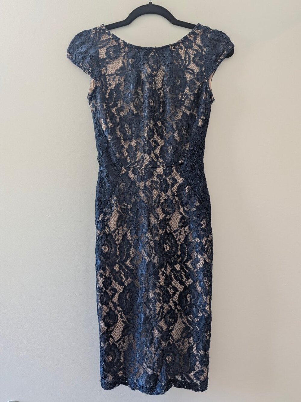 Navy Blue Lace Sheath Dress with Low Back